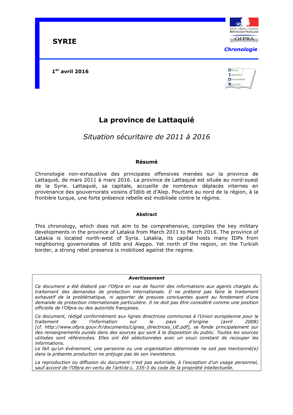 La Province De Lattaquié Situation Sécuritaire De 2011 À 2016 SYRIE