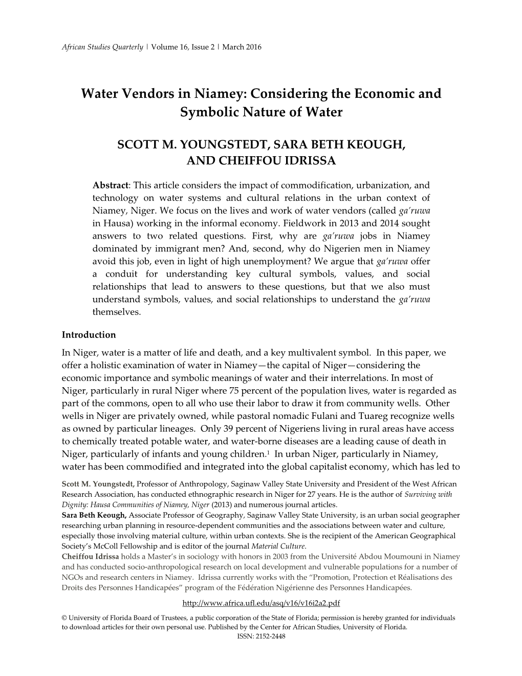 Water Vendors in Niamey: Considering the Economic and Symbolic Nature of Water