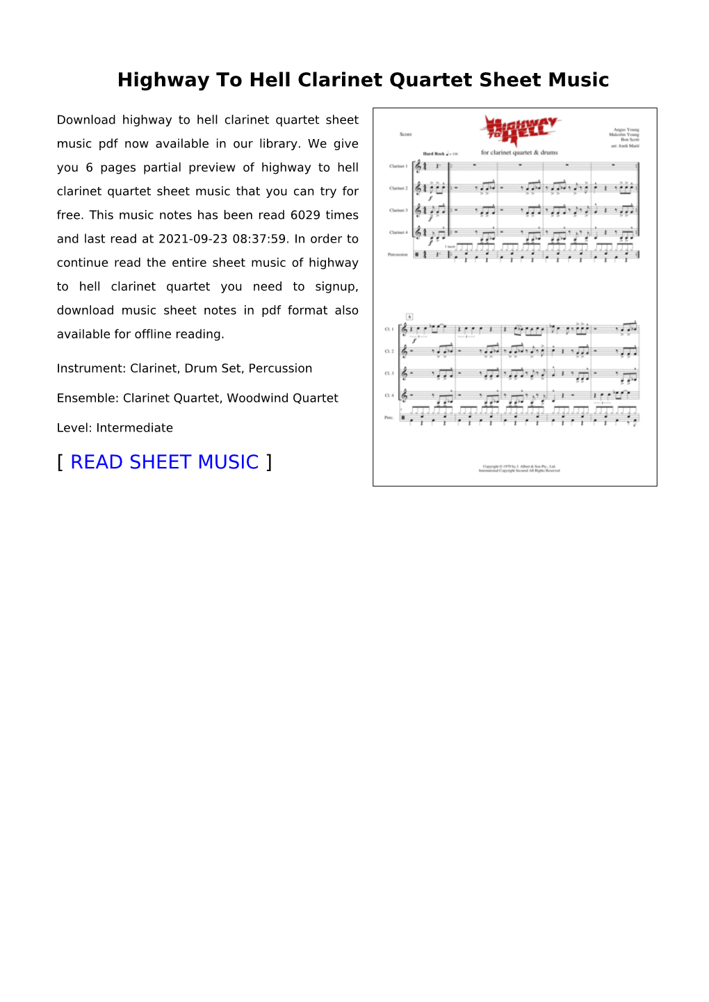 Highway to Hell Clarinet Quartet Sheet Music