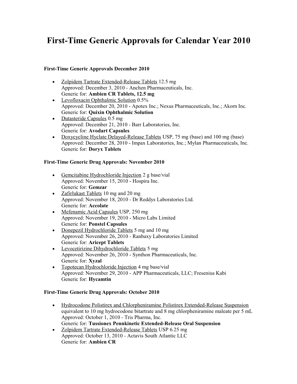 First-Time Generic Approvals for Calendar Year 2010