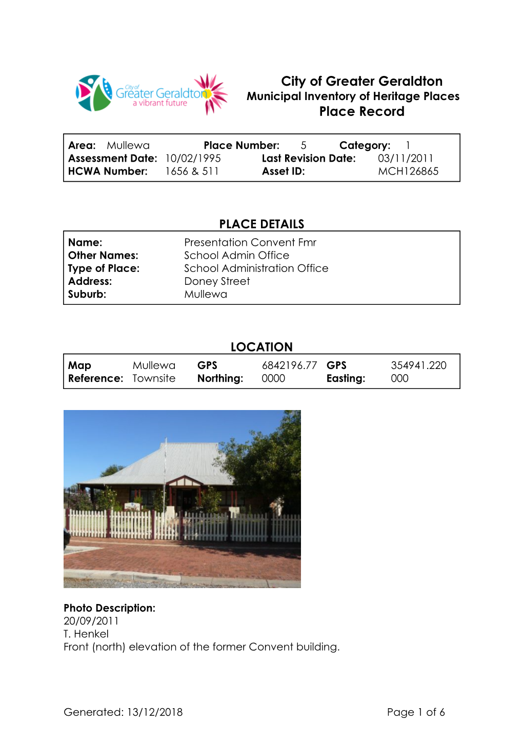 City of Greater Geraldton Place Record