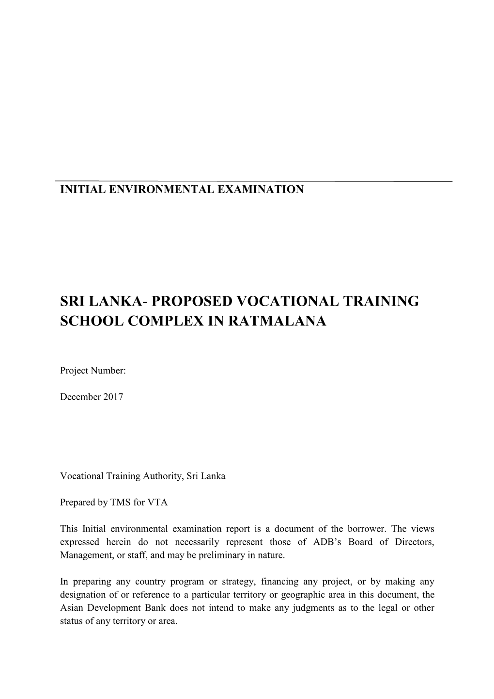 Sri Lanka- Proposed Vocational Training School Complex in Ratmalana