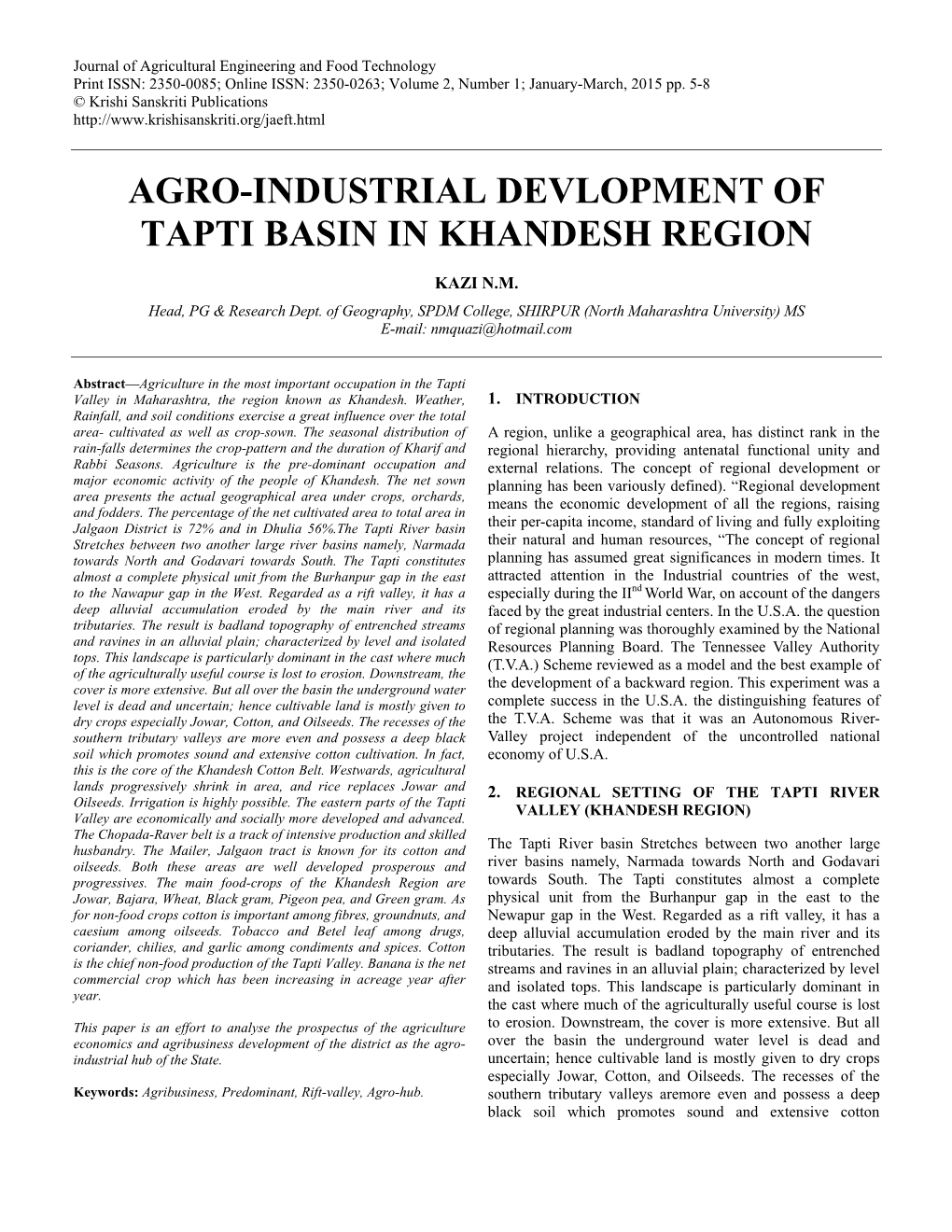 Agro-Industrial Devlopment of Tapti Basin in Khandesh Region