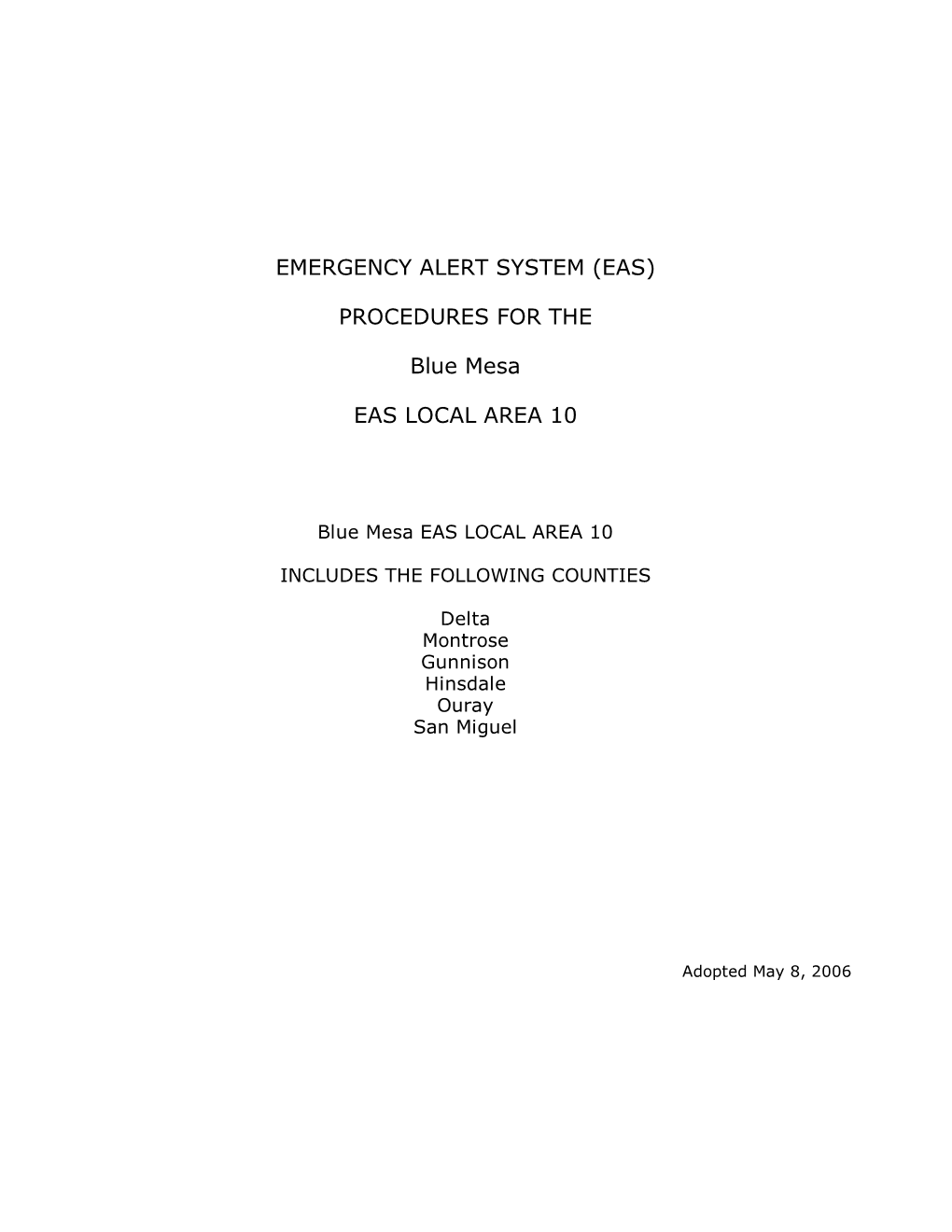 PROCEDURES for the Blue Mesa EAS LOCAL AREA 10