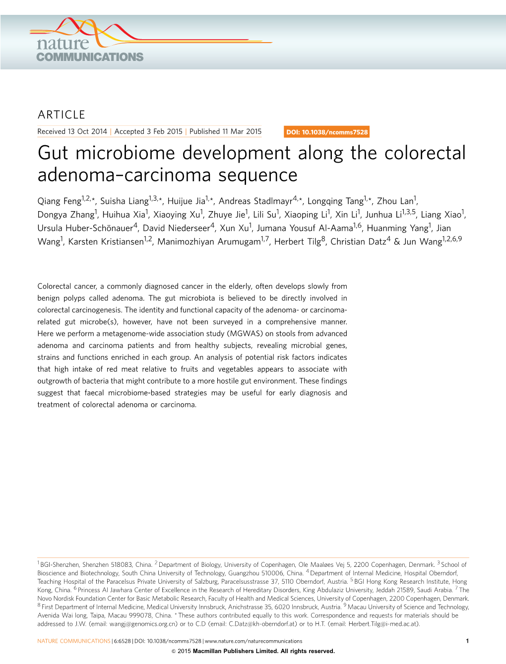 Gut Microbiome Development Along the Colorectal Adenoma&Ndash;Carcinoma Sequence