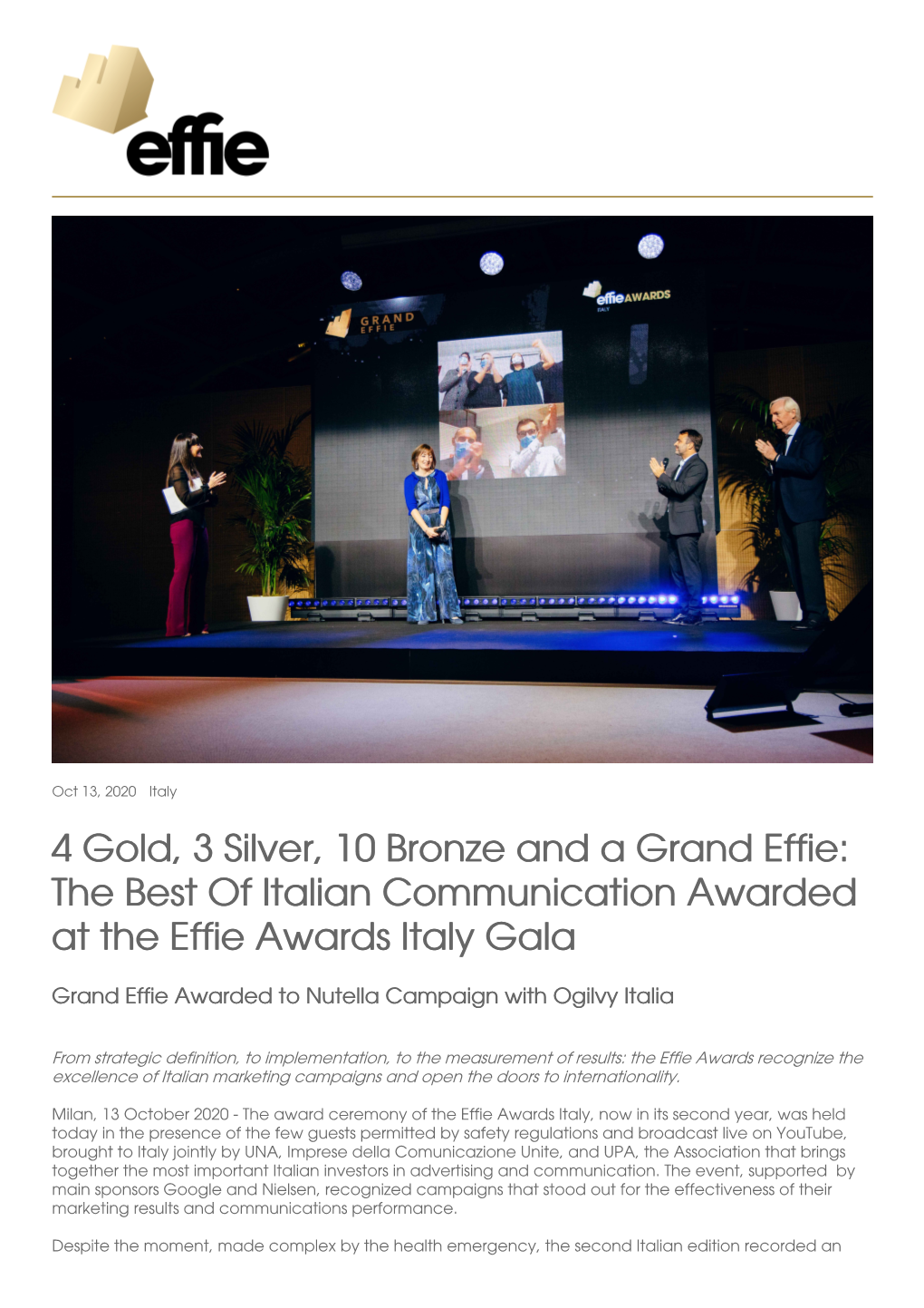 4 Gold, 3 Silver, 10 Bronze and a Grand Effie: the Best of Italian Communication Awarded at the Effie Awards Italy Gala