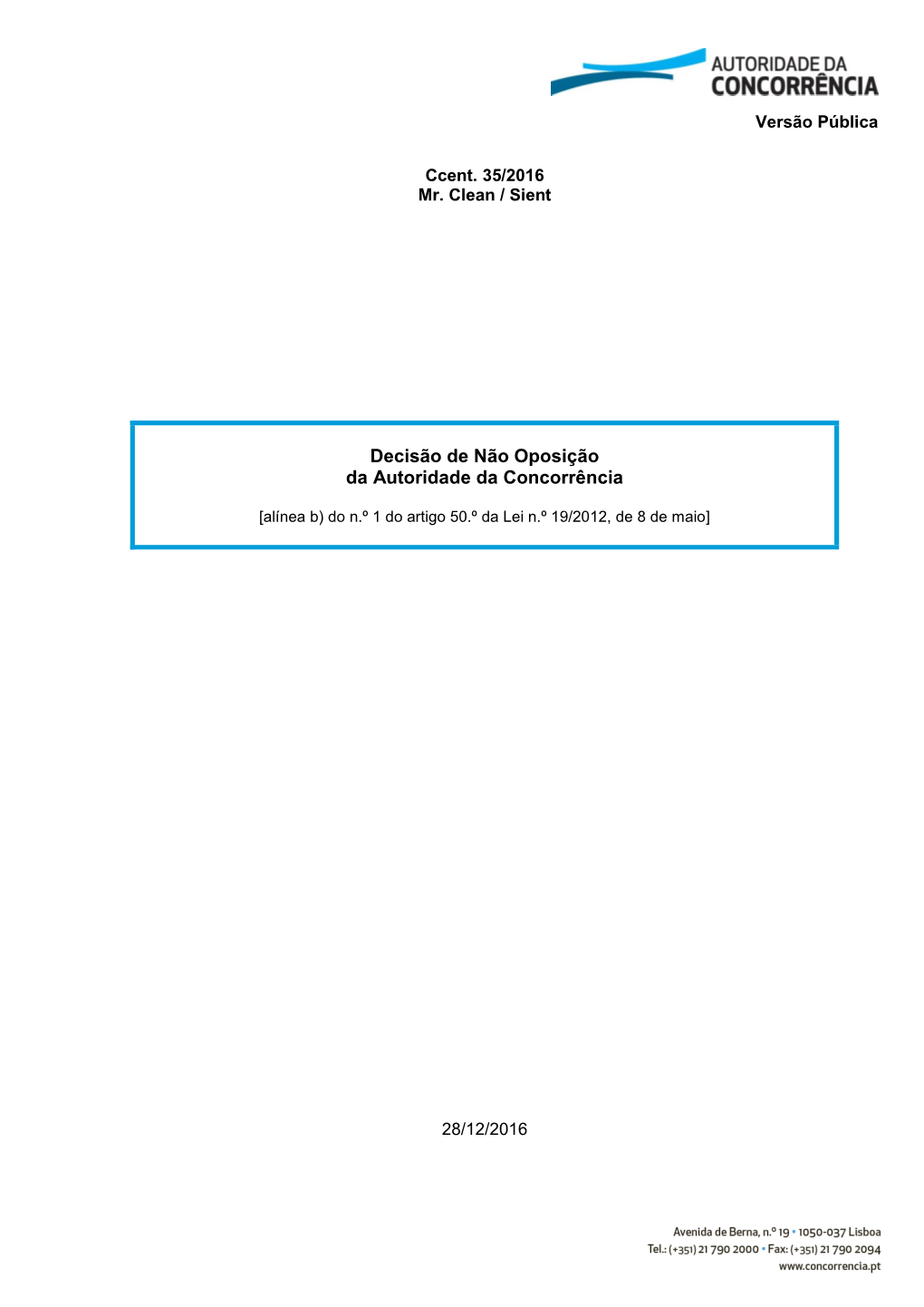 Decisão De Não Oposição Da Autoridade Da Concorrência