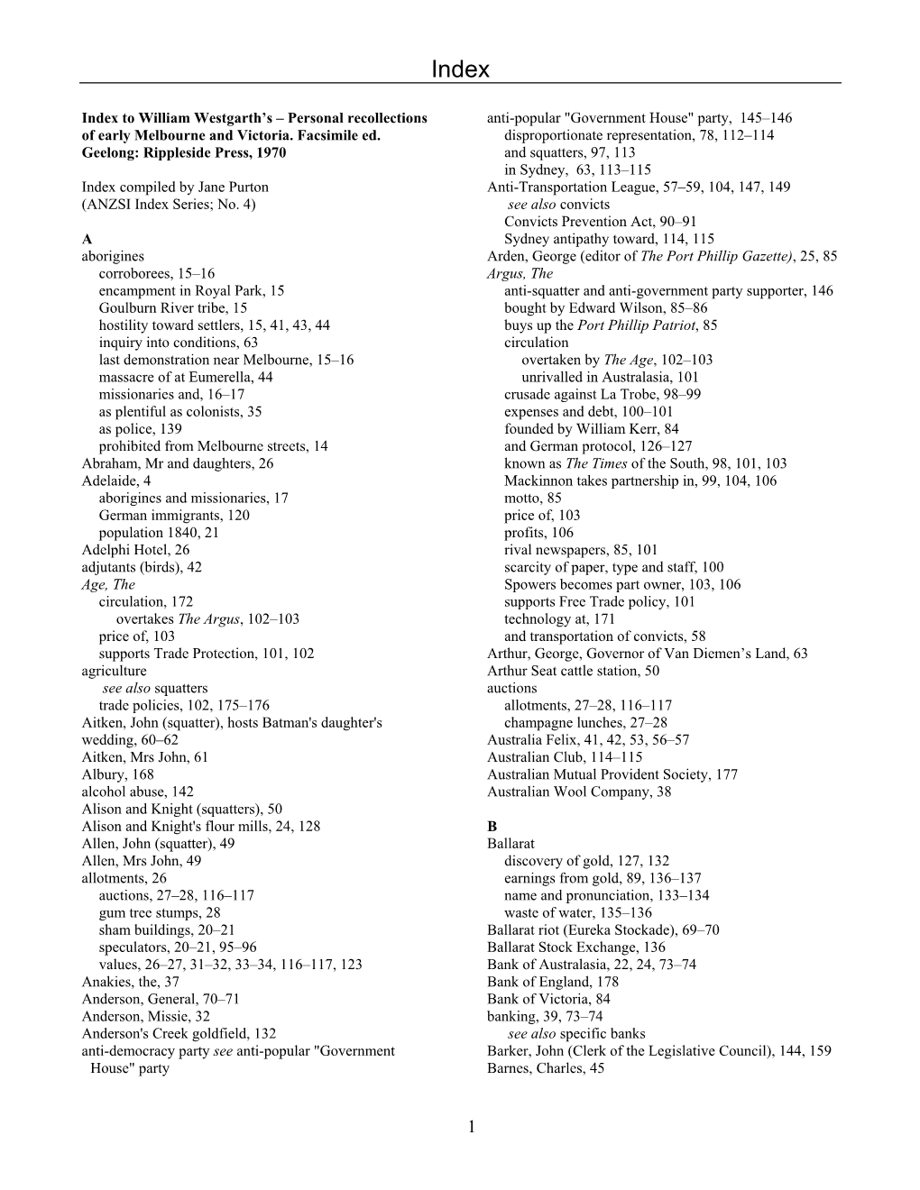 Index to William Westgarth's – Personal Recollections Of