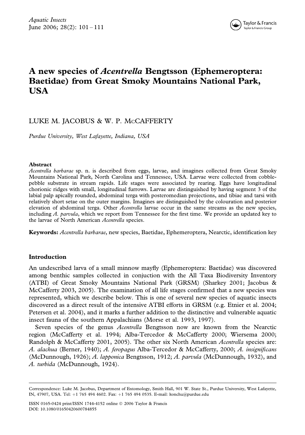 A New Species of Acentrella Bengtsson (Ephemeroptera: Baetidae) from Great Smoky Mountains National Park, USA