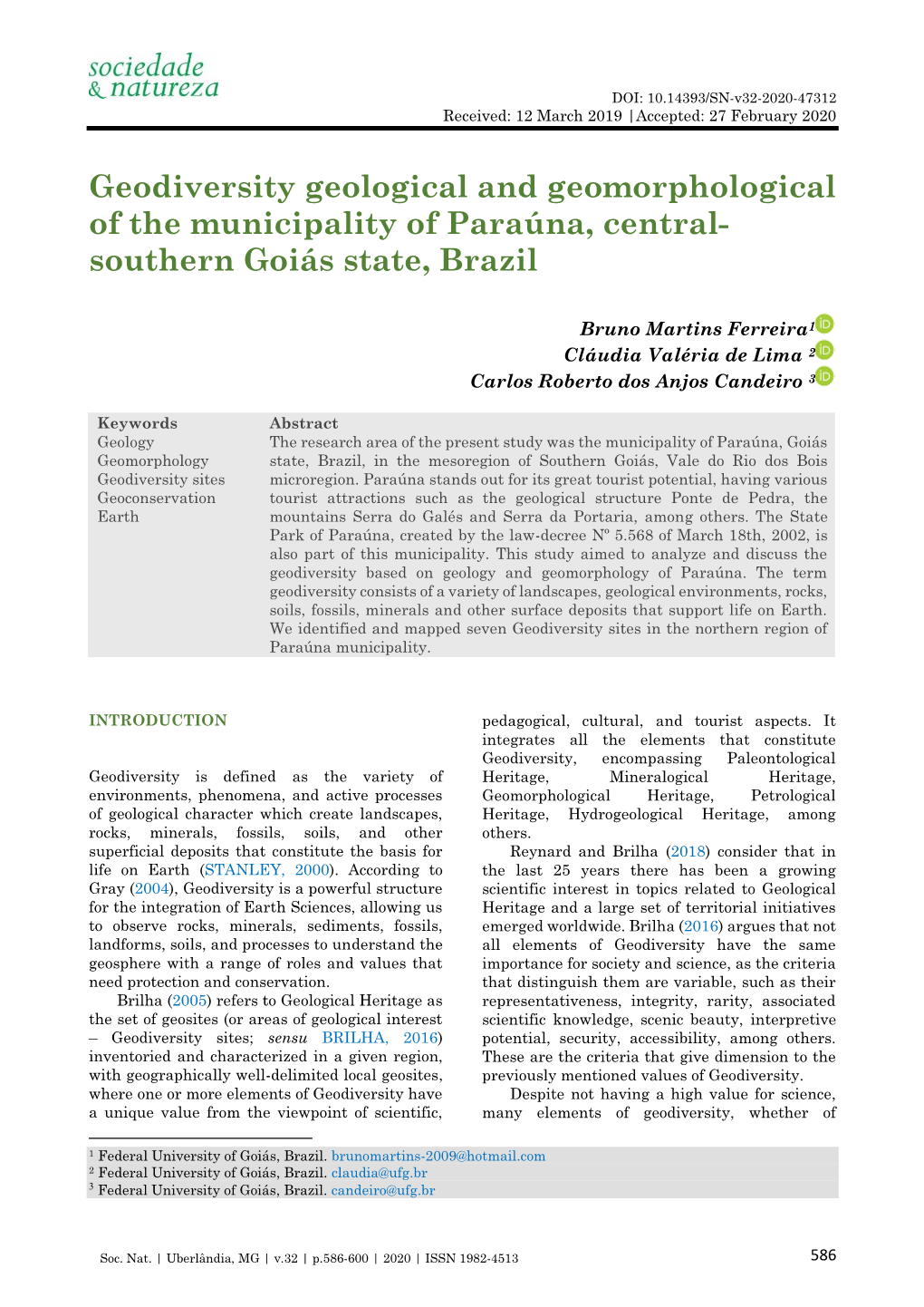 Geodiversity Geological and Geomorphological of the Municipality of Paraúna, Central- Southern Goiás State, Brazil
