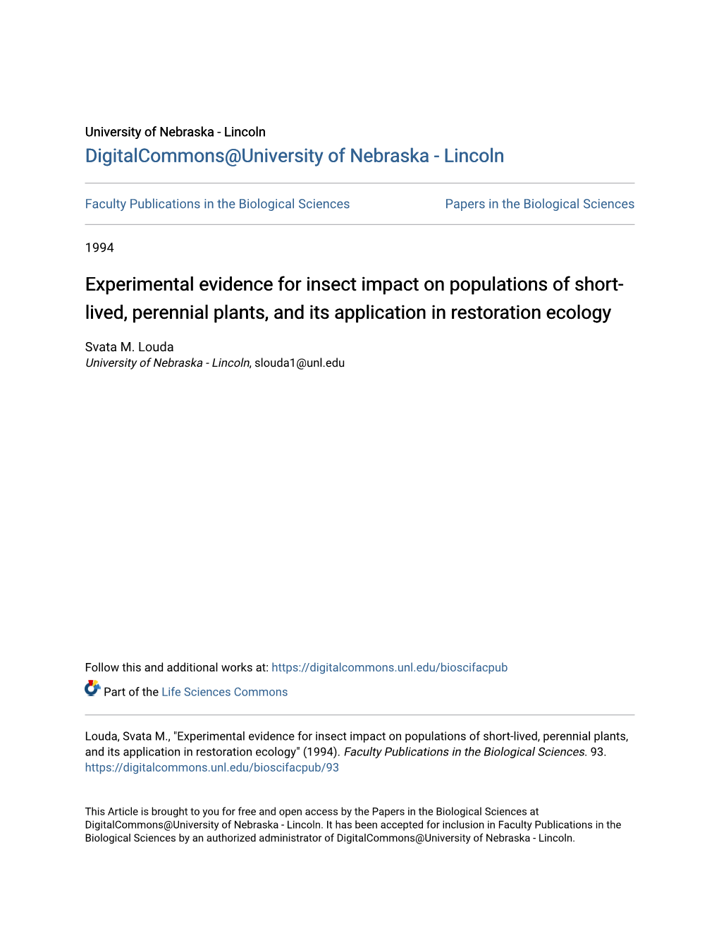 Experimental Evidence for Insect Impact on Populations of Short-Lived, Perennial Plants, and Its Application in Restoration Ecology