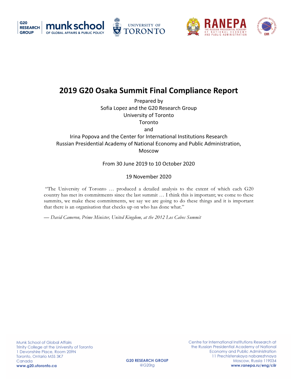 Climate Change: 2019 G20 Osaka Summit Final Compliance Report