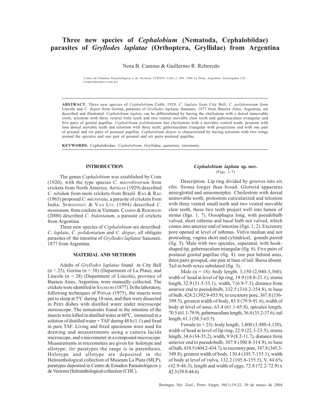 Parasites of Gryllodes Laplatae (Orthoptera, Gryllidae)