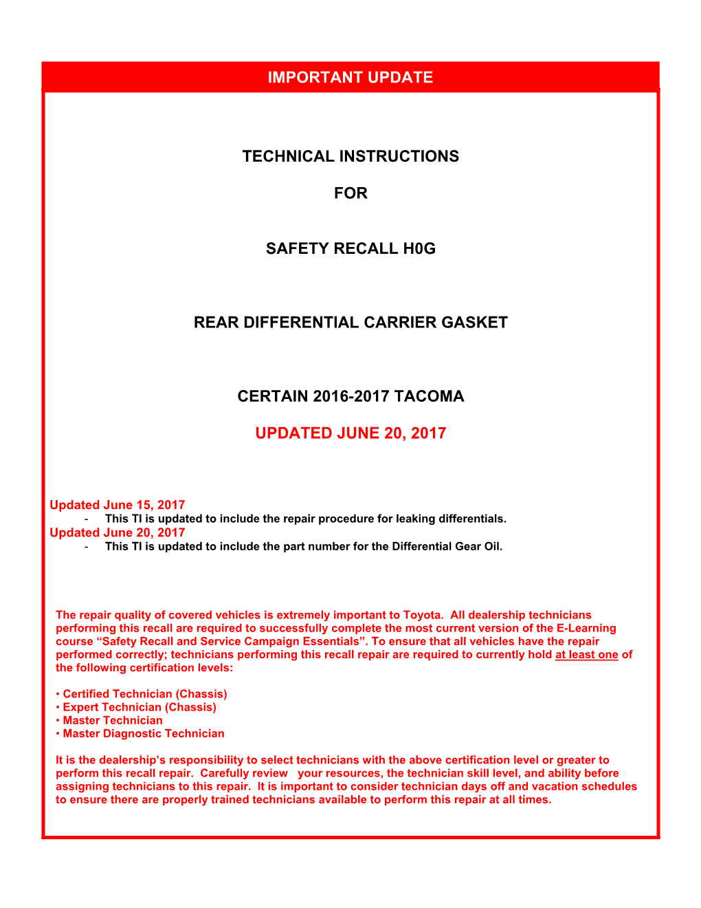 Important Update Technical Instructions for Safety Recall