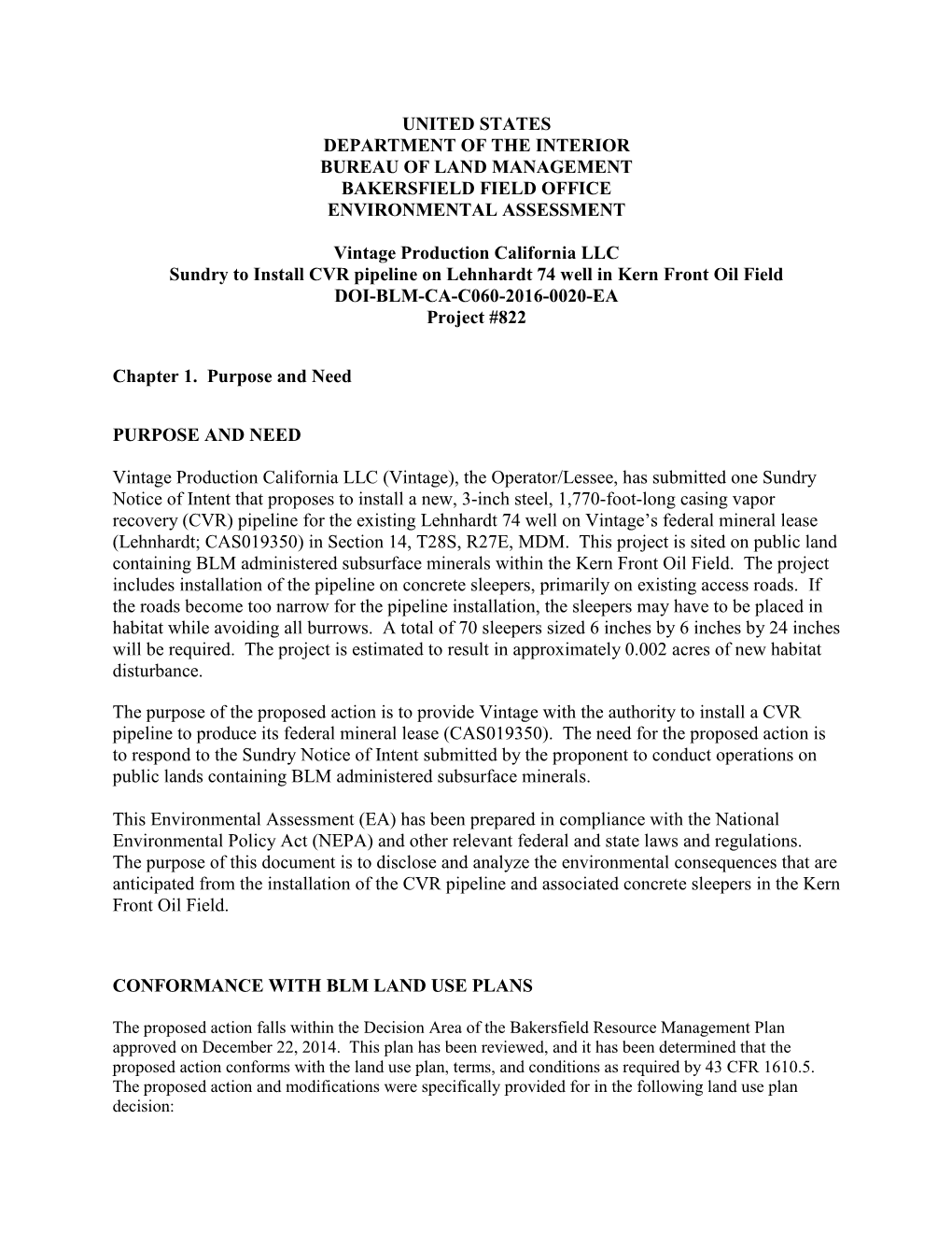 United States Department of the Interior Bureau of Land Management Bakersfield Field Office Environmental Assessment