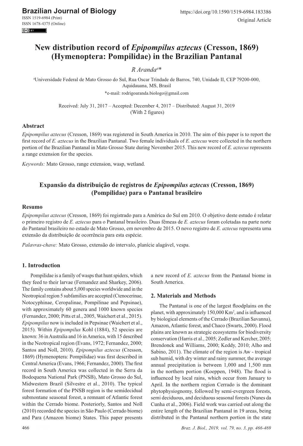 New Distribution Record of Epipompilus Aztecus (Cresson, 1869)