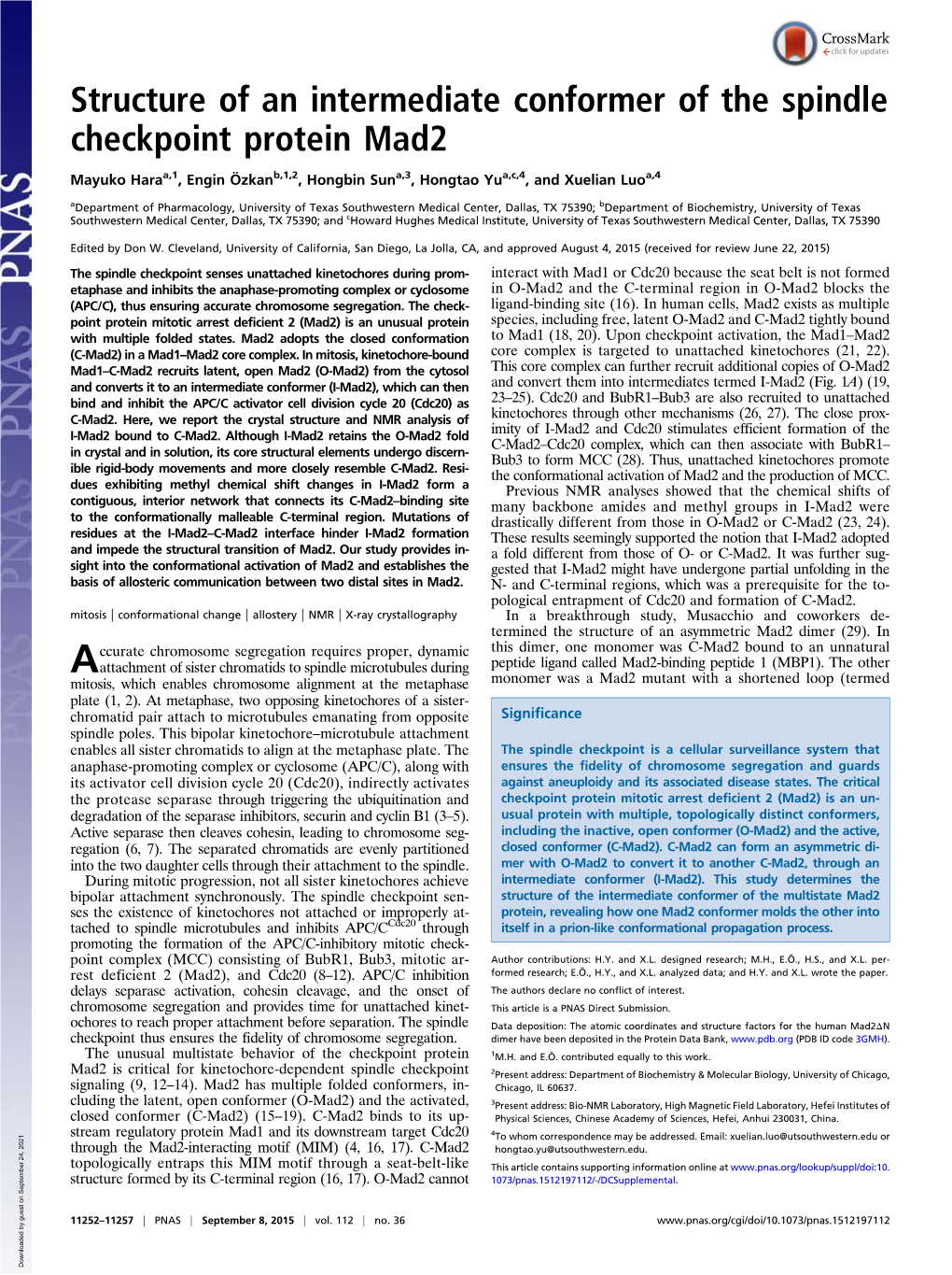 Structure of an Intermediate Conformer of the Spindle Checkpoint Protein Mad2