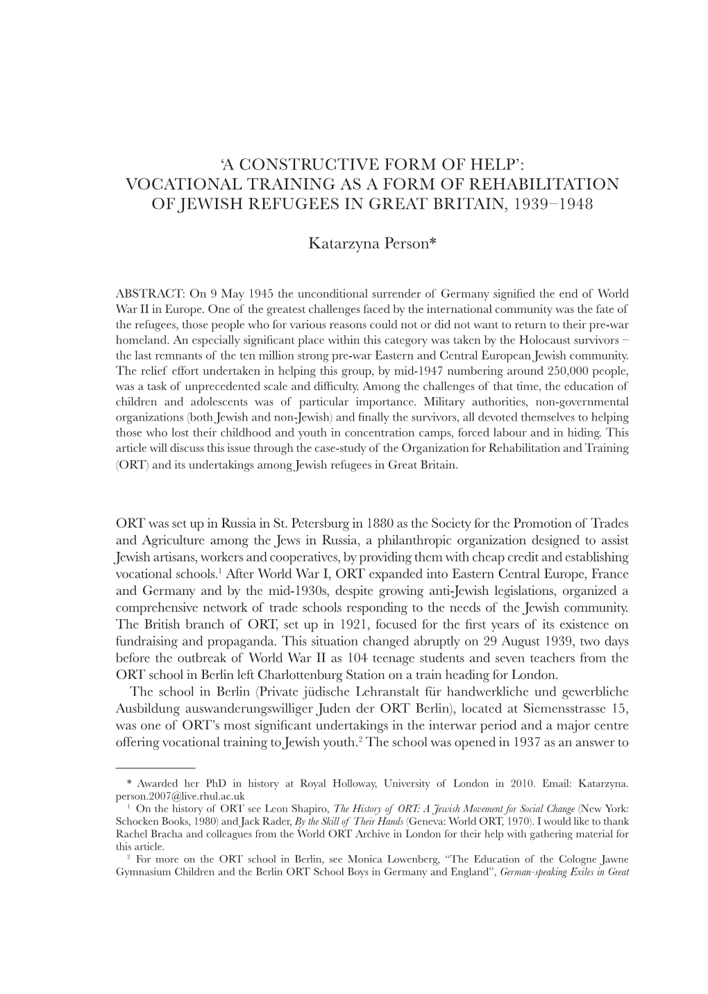 Vocational Training As a Form of Rehabilitation of Jewish Refugees in Great Britain, 1939–1948