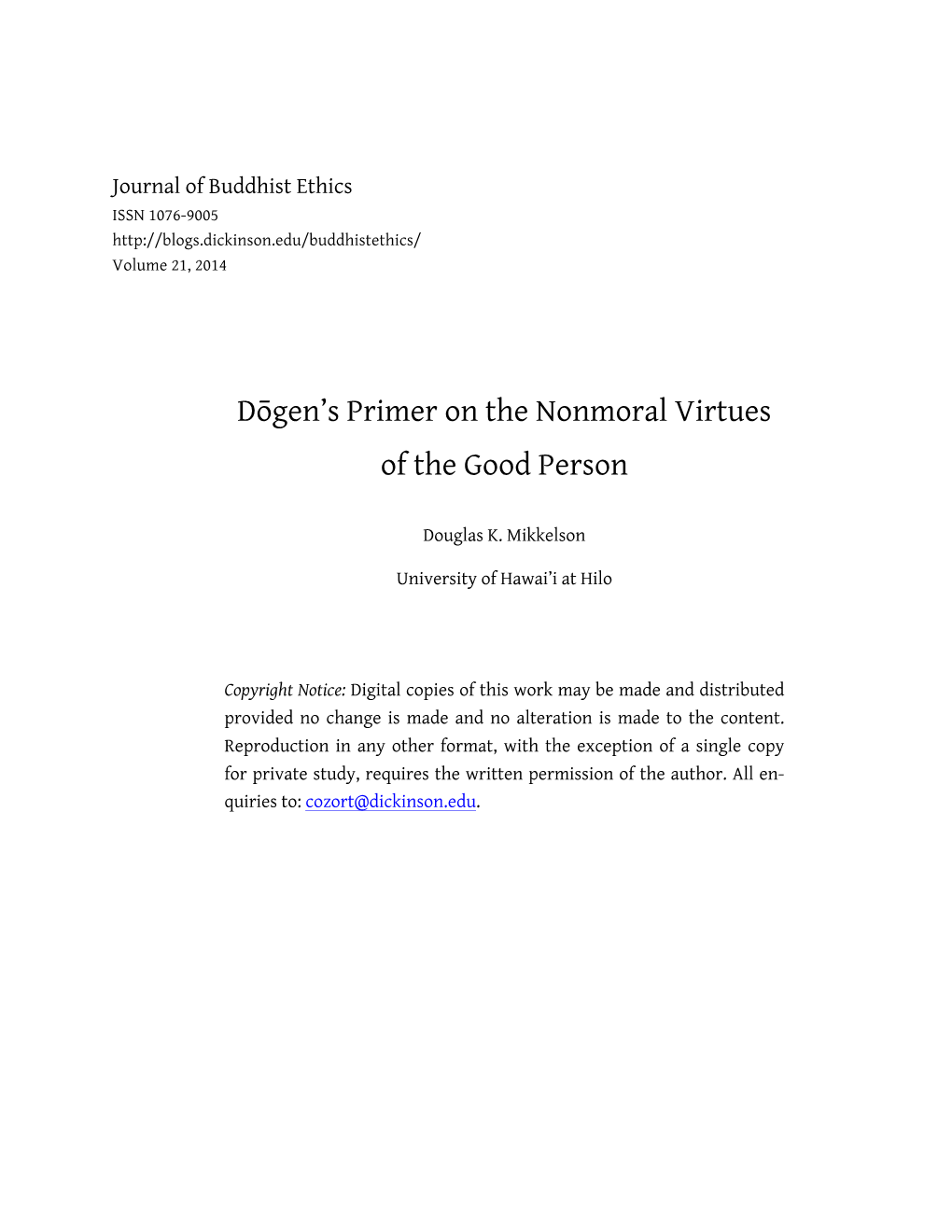 Dōgen's Primer on the Nonmoral Virtues of the Good Person
