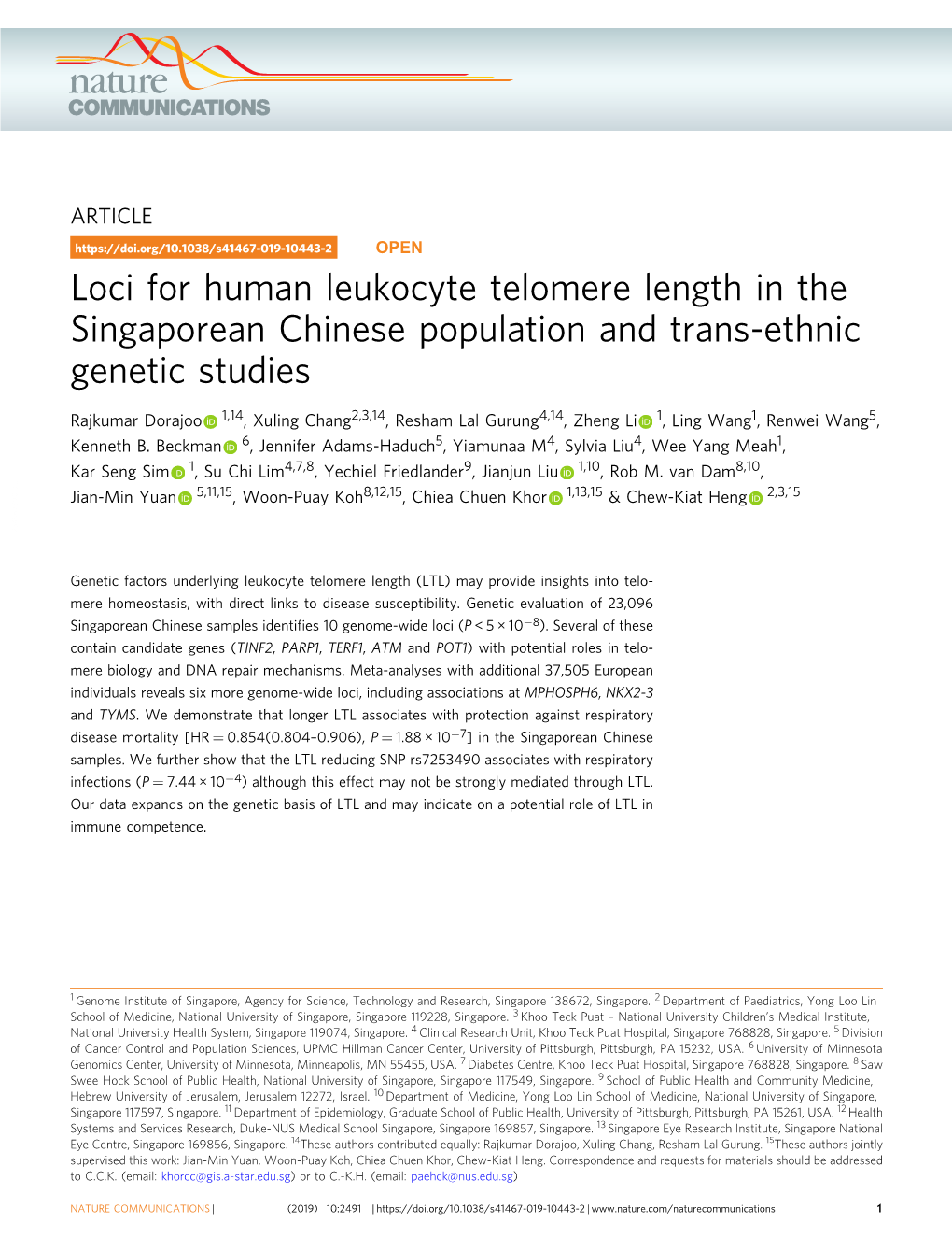 Loci for Human Leukocyte Telomere Length in the Singaporean Chinese Population and Trans-Ethnic Genetic Studies