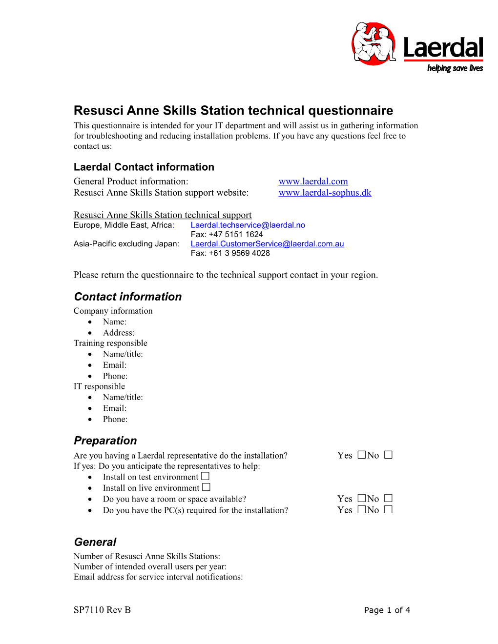 Resusci Anne Skills Station Technical Questionnaire