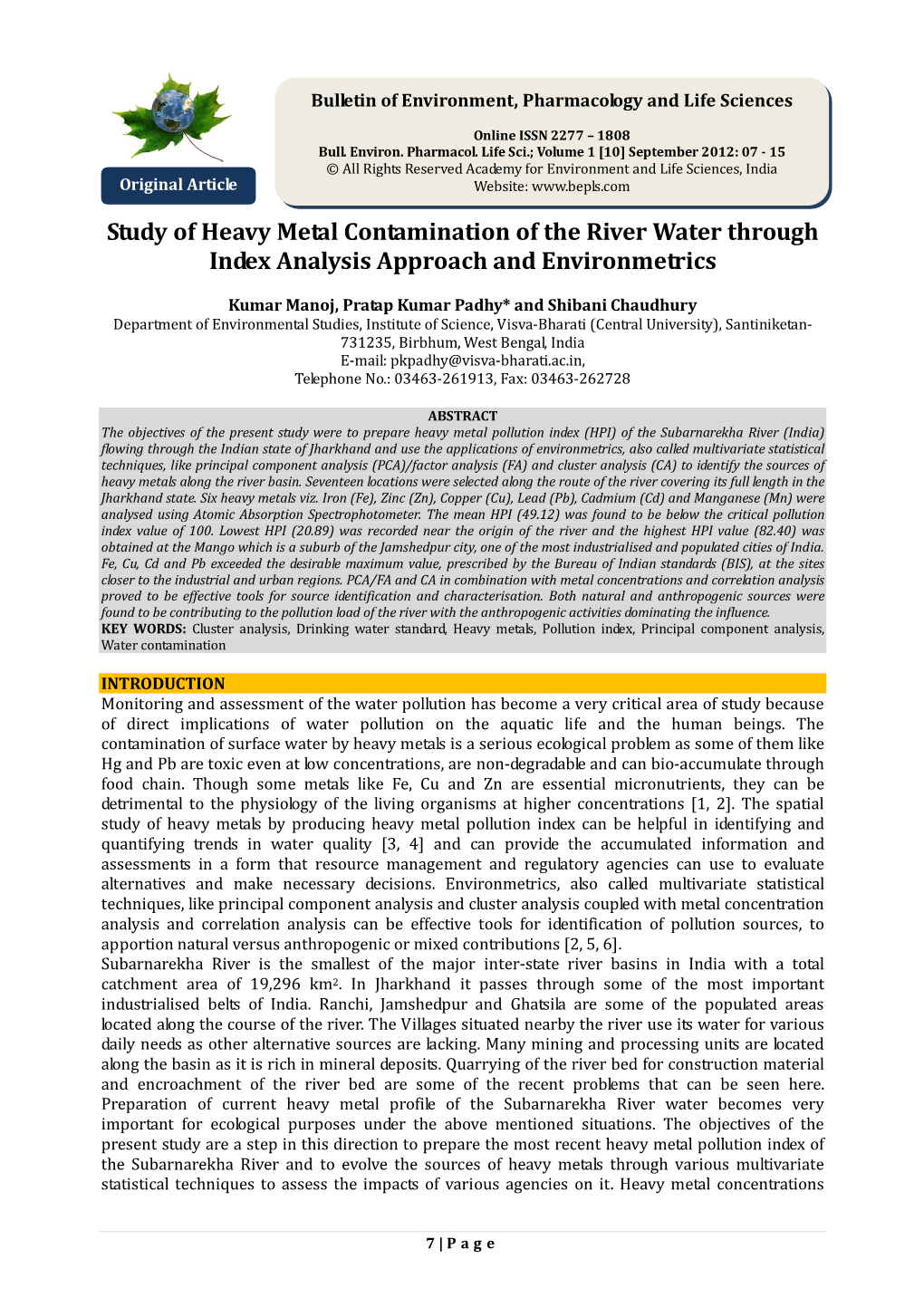 Study of Heavy Metal Contamination of the River Water Through Index Analysis Approach and Environmetrics