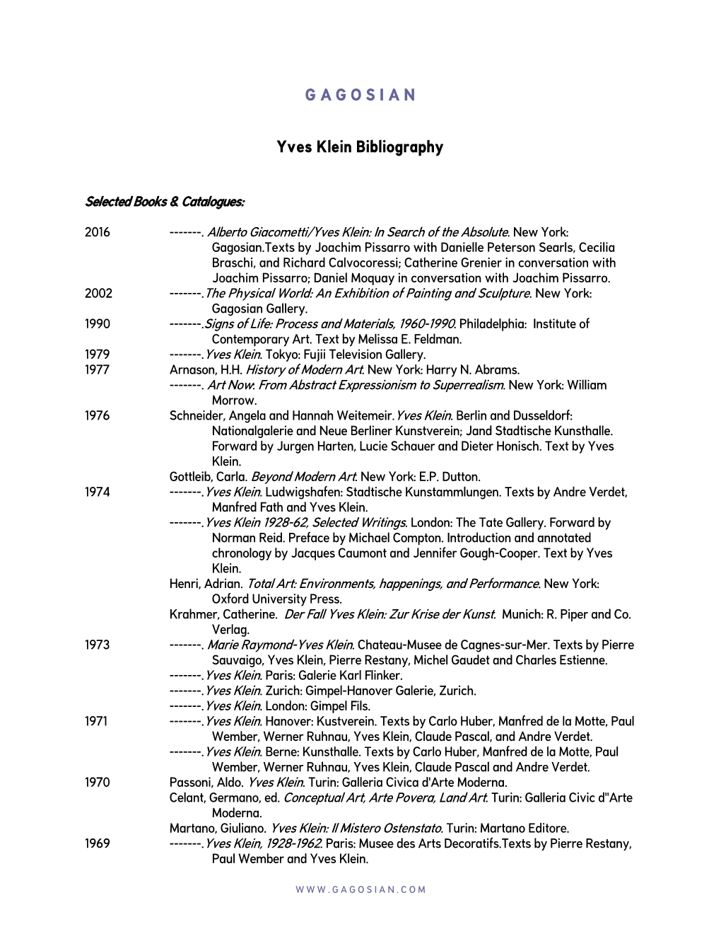 Yves Klein Bibliography