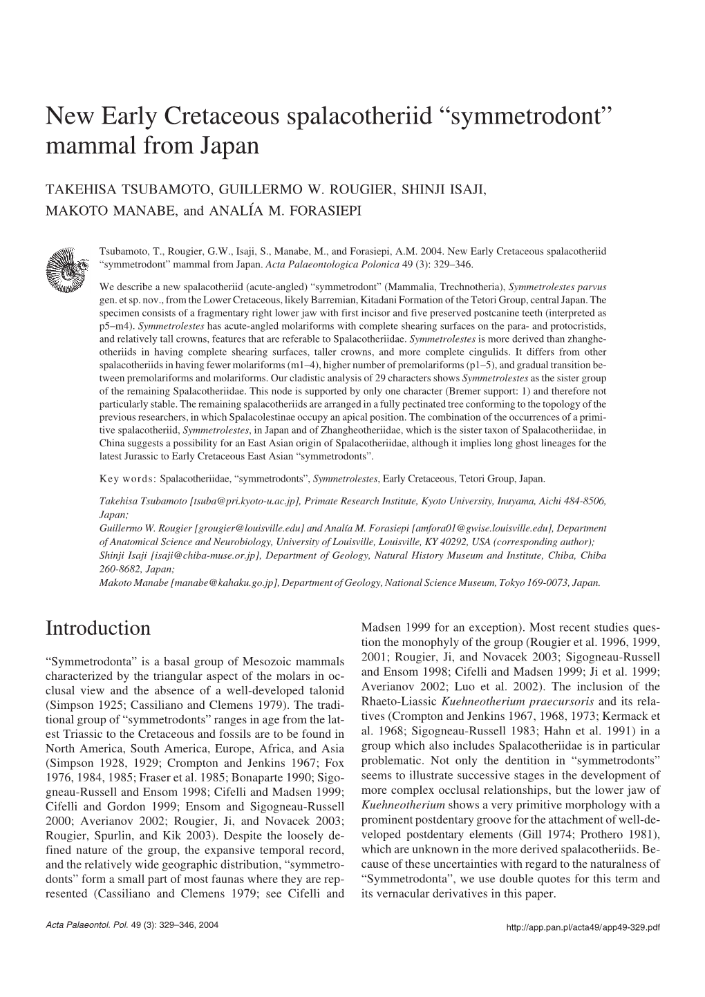 New Early Cretaceous Spalacotheriid “Symmetrodont” Mammal from Japan