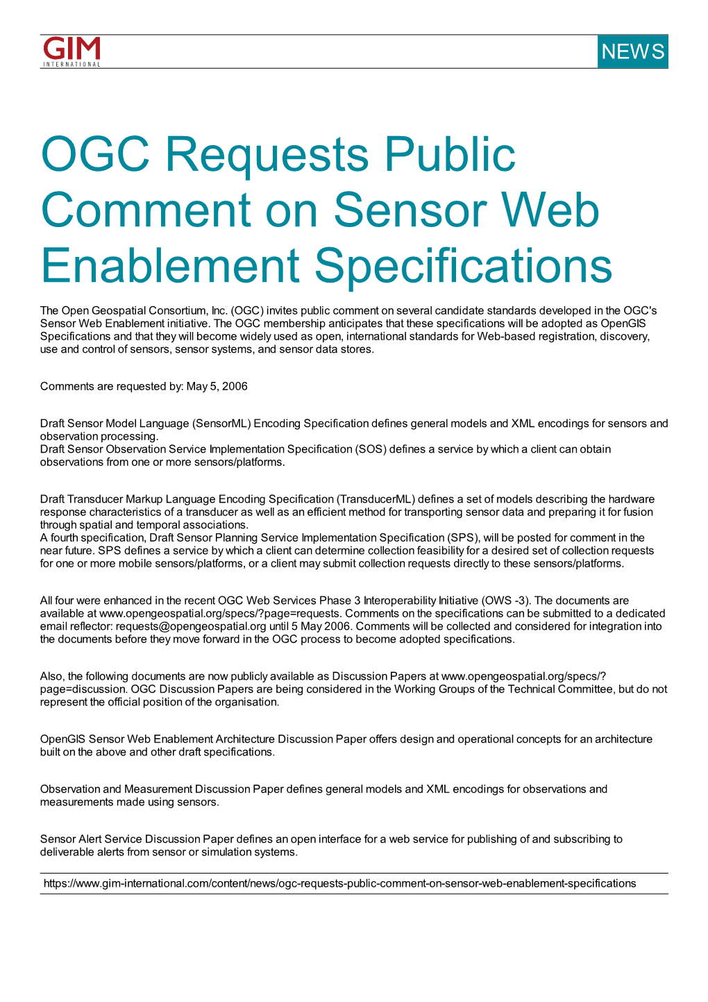 OGC Requests Public Comment on Sensor Web Enablement Specifications
