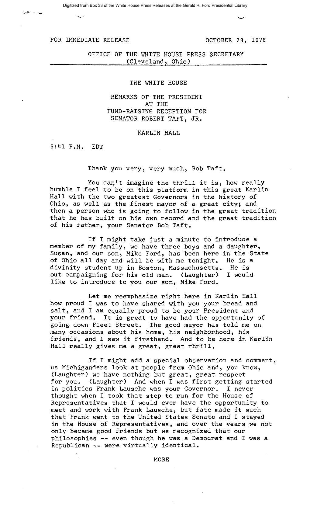 Gerald R. Ford Administration White House Press Releases