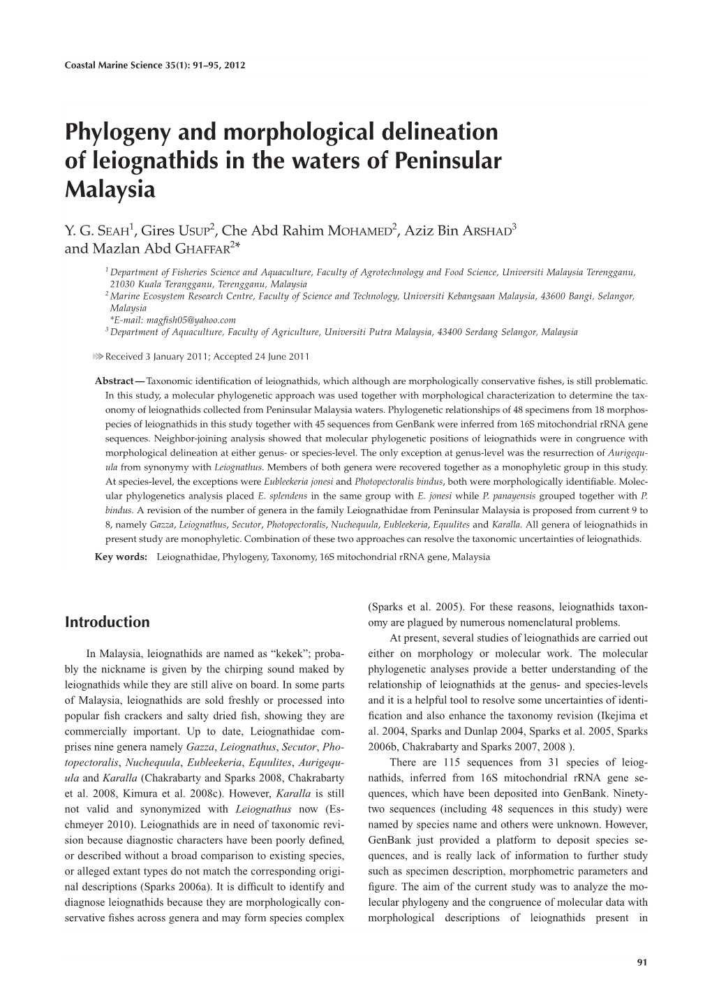 Phylogeny and Morphological Delineation of Leiognathids in the Waters of Peninsular Malaysia