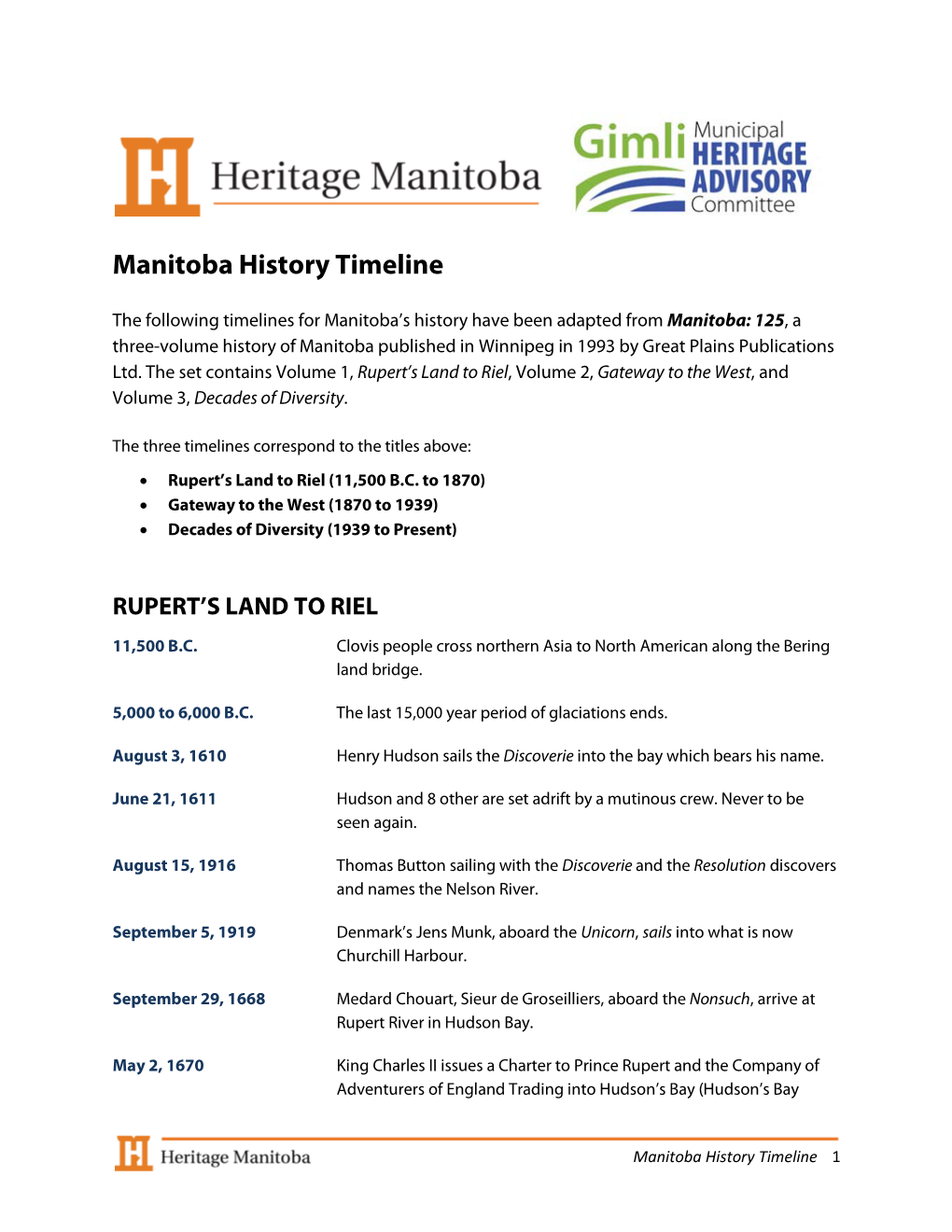 Manitoba History Timeline