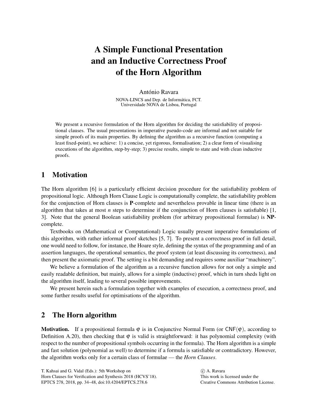 A Simple Functional Presentation and an Inductive Correctness Proof of the Horn Algorithm