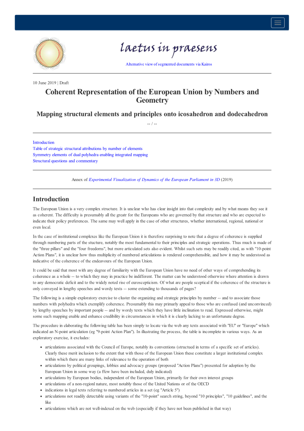 Coherent Representation of the European Union by Numbers and Geometry Mapping Structural Elements and Principles Onto Icosahedron and Dodecahedron -- /