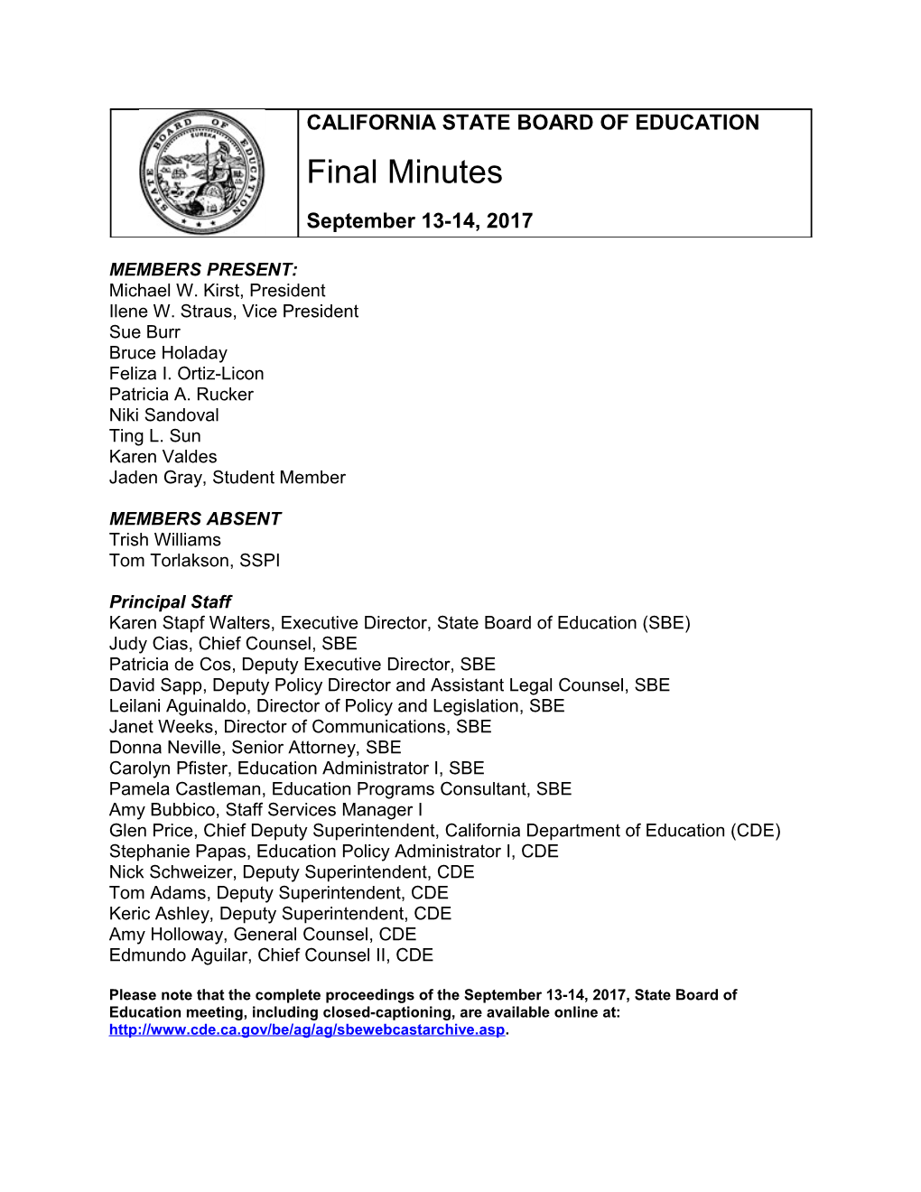 Final Minutes for September 2017 - SBE Minutes (CA State Board of Education)