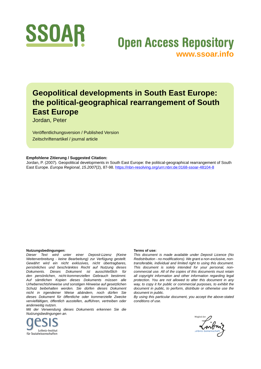 Geopolitical Developments in South East Europe: the Political-Geographical Rearrangement of South East Europe Jordan, Peter