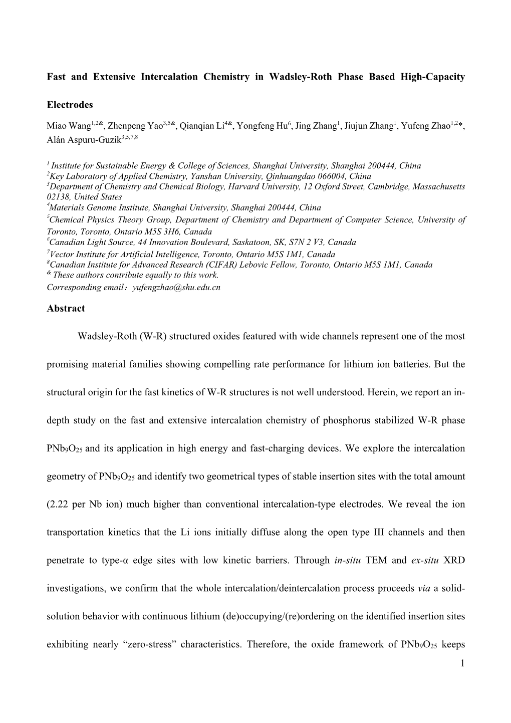 1 Fast and Extensive Intercalation Chemistry in Wadsley-Roth Phase