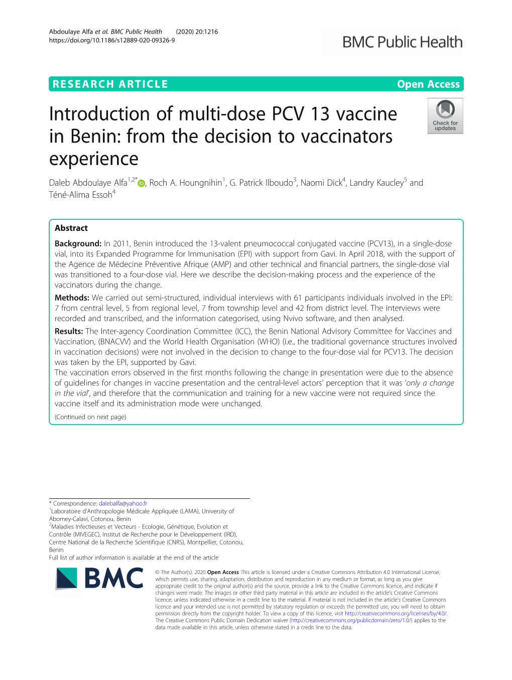 Introduction of Multi-Dose PCV 13 Vaccine in Benin: from the Decision to Vaccinators Experience Daleb Abdoulaye Alfa1,2* , Roch A