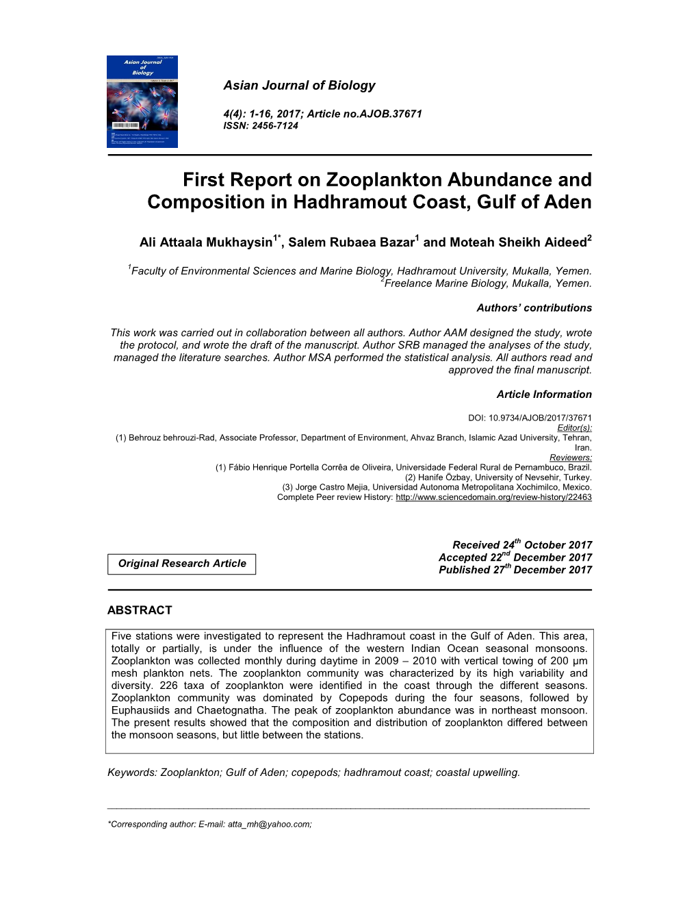 First Report on Zooplankton Abundance and Composition in Hadhramout Coast, Gulf of Aden
