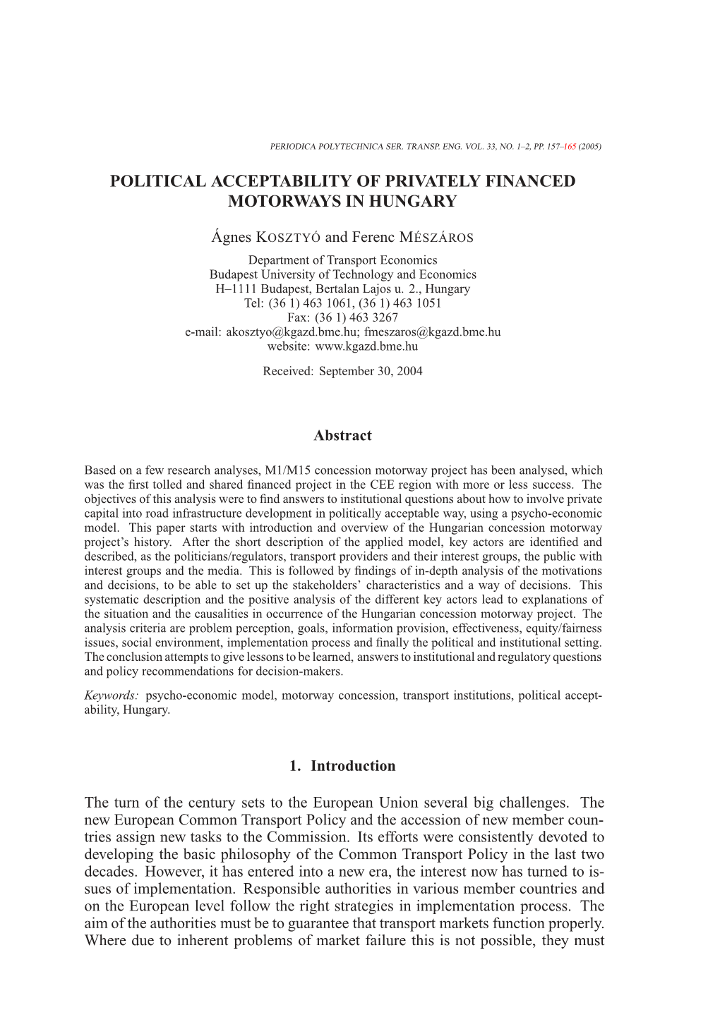 Political Acceptability of Privately Financed Motorways in Hungary