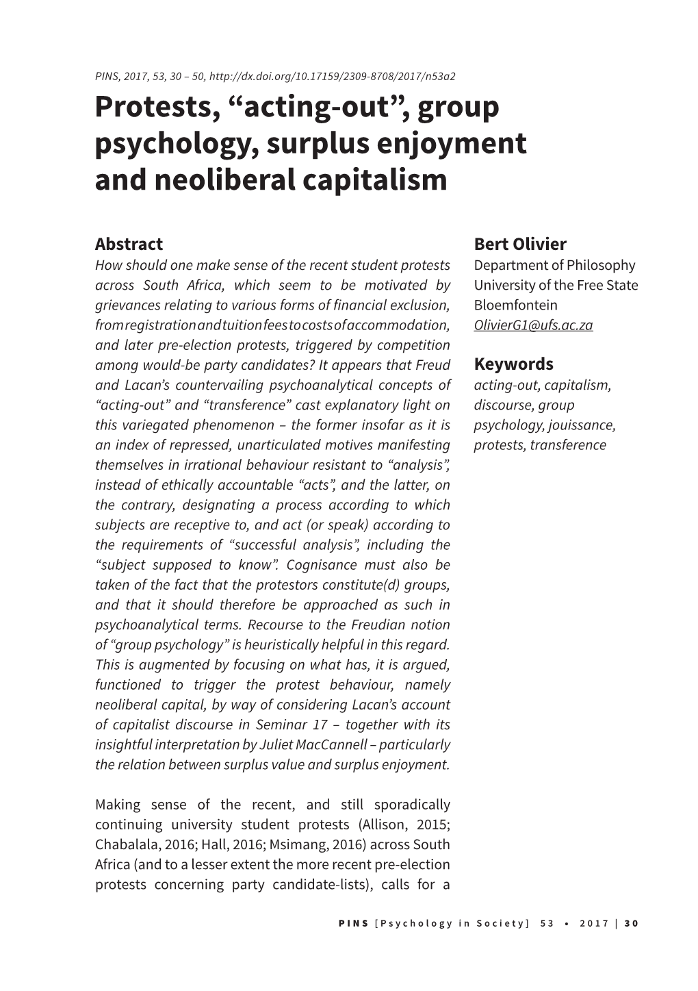 Protests, “Acting-Out”, Group Psychology, Surplus Enjoyment and Neoliberal Capitalism