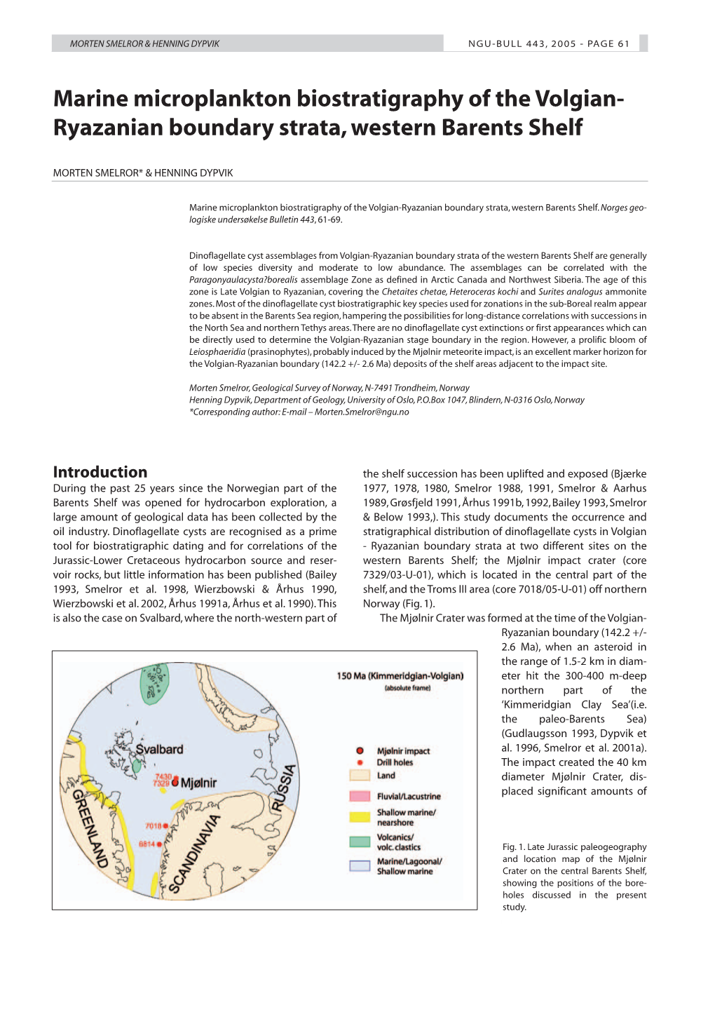 Marine Microplankton Biostratigraphy of the Volgian- Ryazanian Boundary Strata, Western Barents Shelf