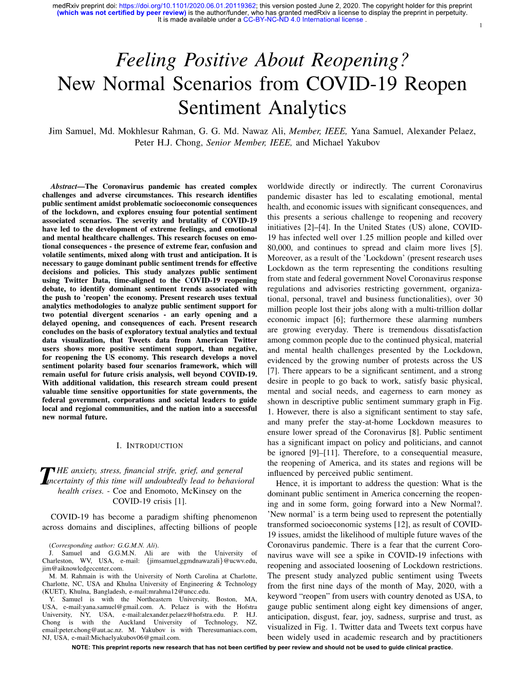 New Normal Scenarios from COVID-19 Reopen Sentiment Analytics Jim Samuel, Md
