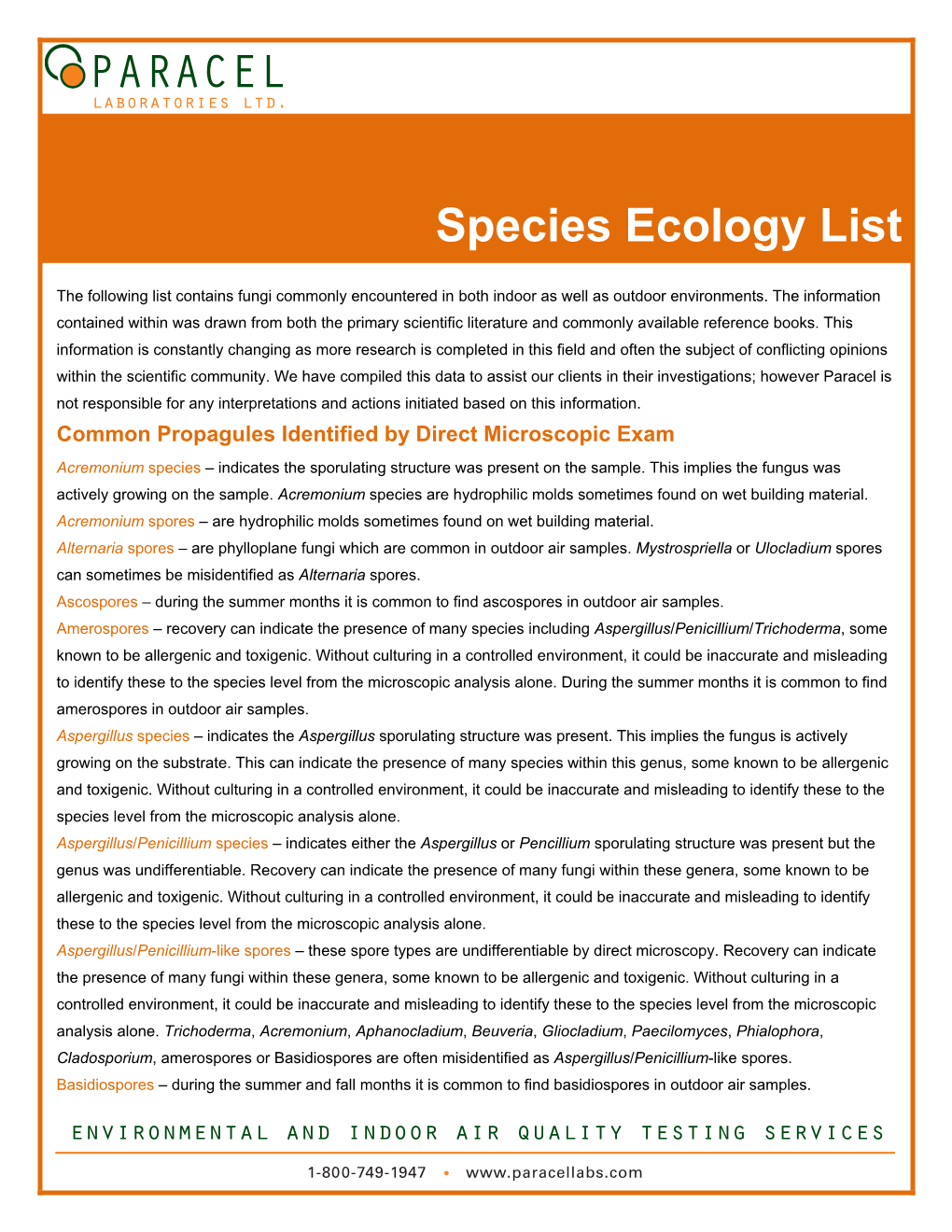 Species Ecology List