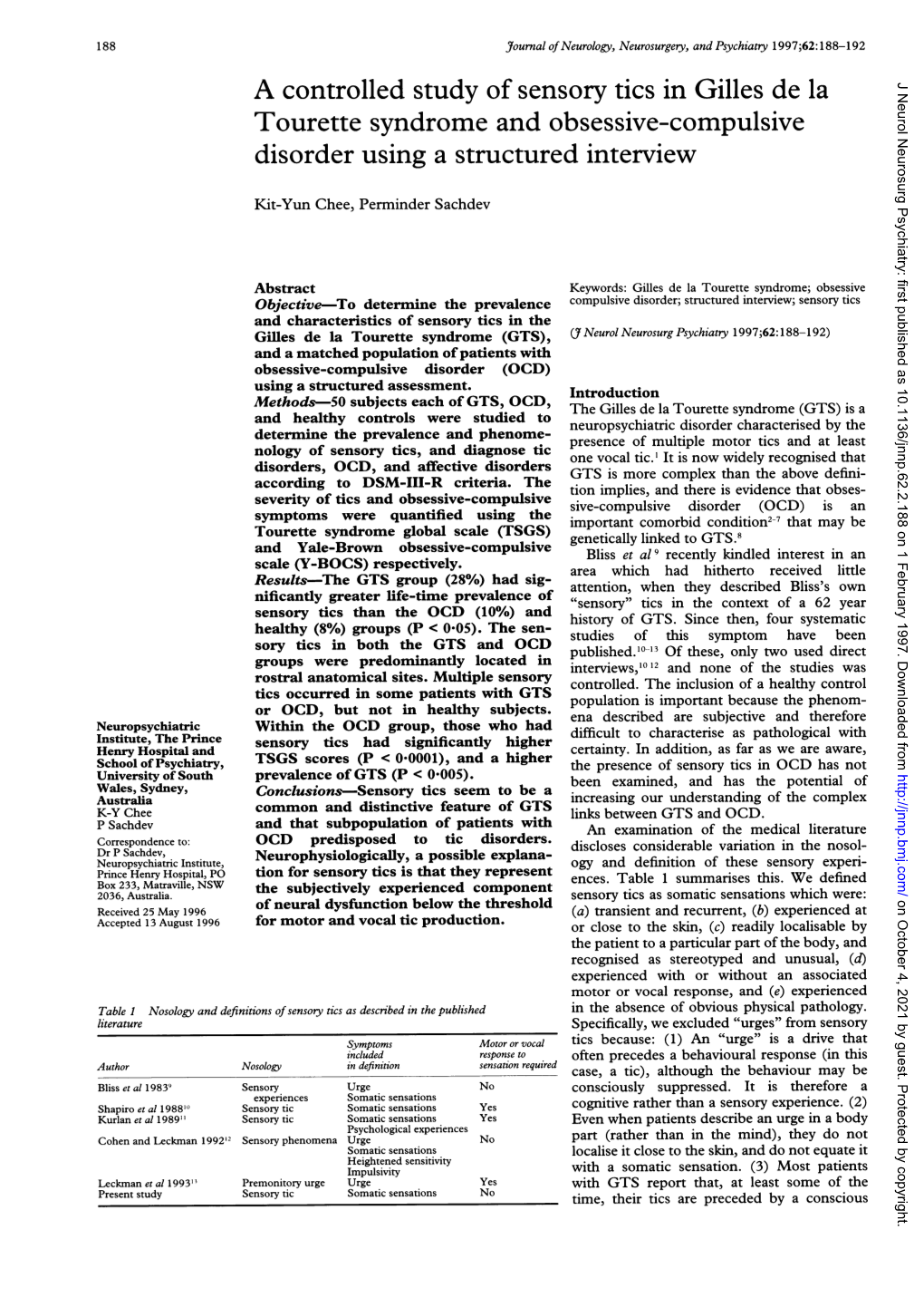 A Controlled Study of Sensory Tics in Gilles De La Disorder Using A