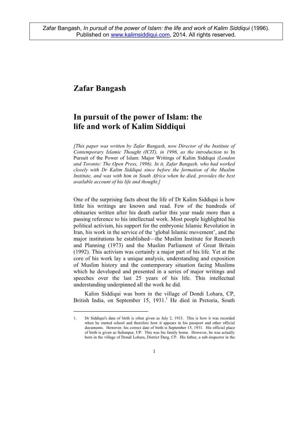 Zafar Bangash in Pursuit of the Power of Islam