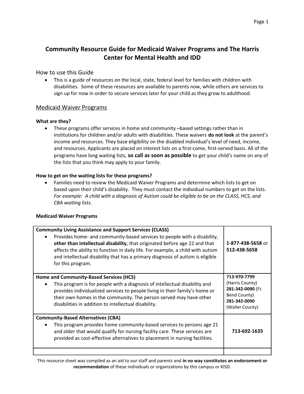 Community Resource Guide for Medicaid Waiver Programs and the Harris Center for Mental