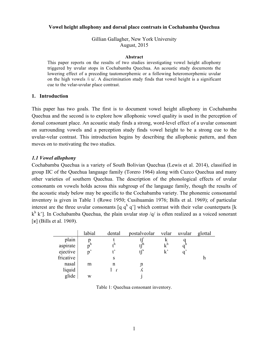 1 Vowel Height Allophony and Dorsal Place Contrsats in Cochabamba