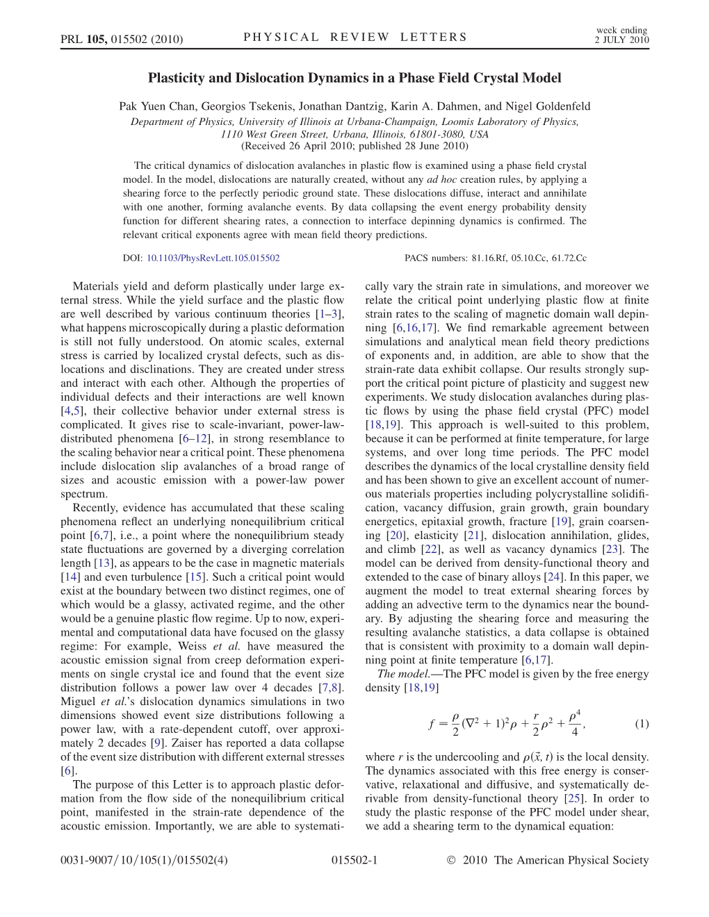 Plasticity and Dislocation Dynamics in a Phase Field Crystal Model