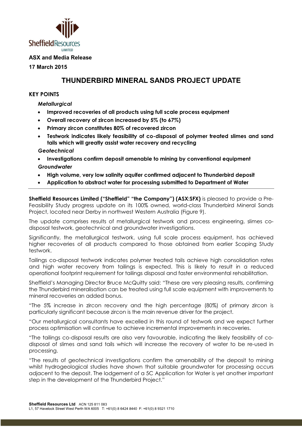 Thunderbird Mineral Sands Project Update